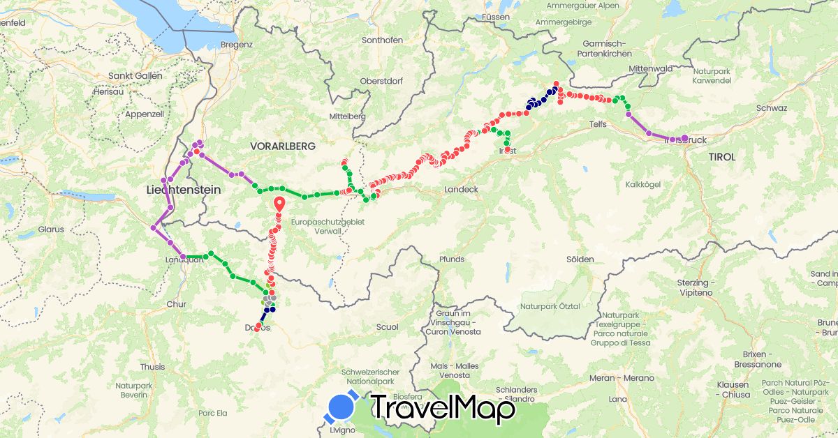 TravelMap itinerary: driving, bus, plane, train, hiking, electric vehicle in Austria, Switzerland, Liechtenstein (Europe)