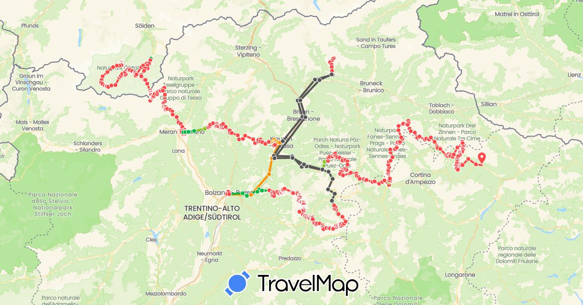TravelMap itinerary: driving, bus, hiking, hitchhiking, motorbike, electric vehicle in Austria, Italy (Europe)