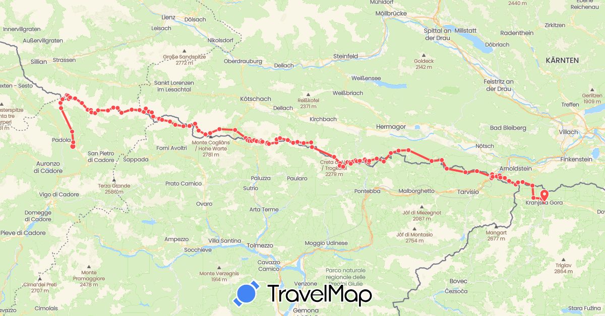 TravelMap itinerary: driving, hiking in Austria, Italy, Slovenia (Europe)