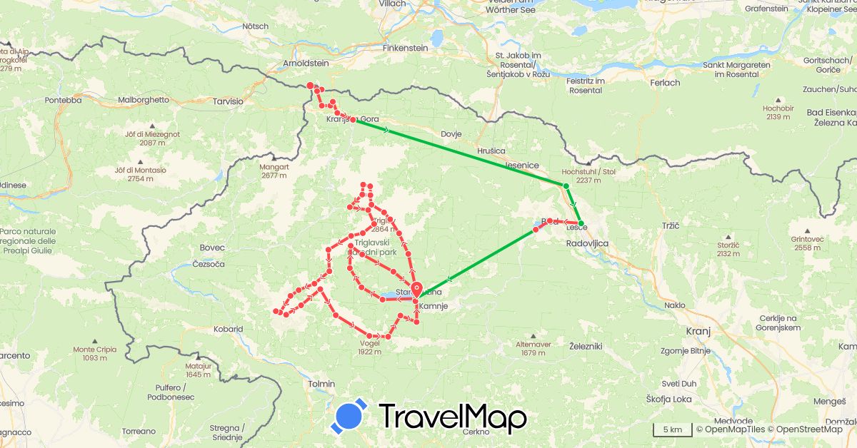 TravelMap itinerary: driving, bus, hiking in Slovenia (Europe)
